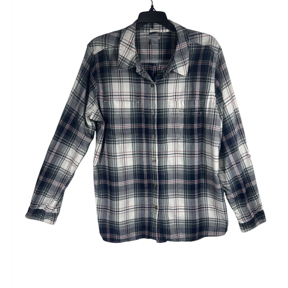 Carhartt Womens XL Plaid Button‎ Down Shirt Navy Blue White Pink 103085 103